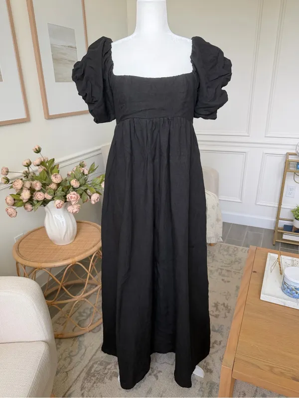 A. REN Candace Linen Maxi Dress Washed Black Puff Sleeve Smocked Back M - Image 2