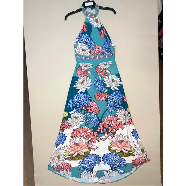 Agua Bendita Darmy blue floral Maxi halter Dress Large - Image 3