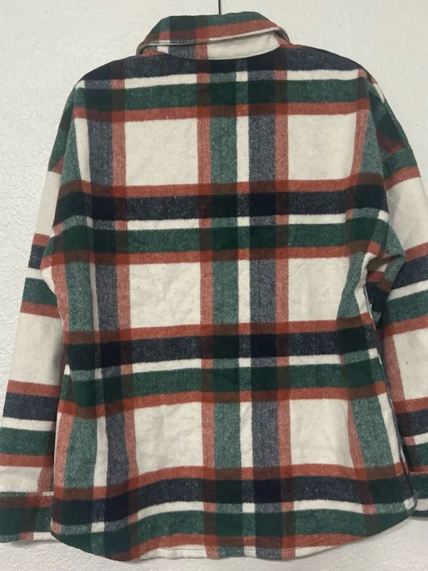 Plaid Teddy Jacket in Cream, Green & Rust Size M - Image 2