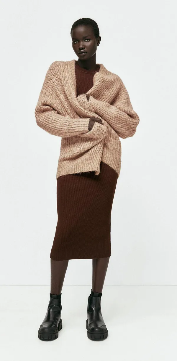 ZARA Patch Pocket Knit Oversized Cardigan Jacket Sweater Outerwear Tan Brown - Image 4