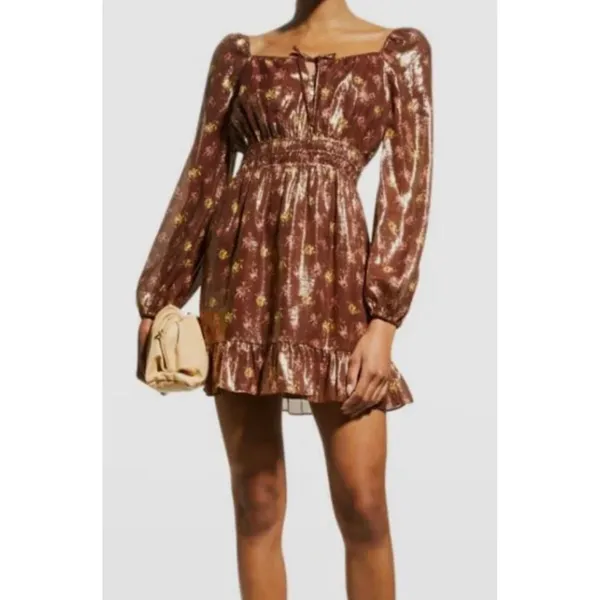 Paige Women's Brown Noah Floral Metallic Dress Size Large Silk Peasant Milkmaid - Image 7
