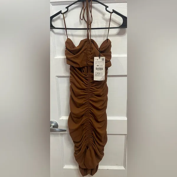 Zara Brown Ruched Mini Dress Front Cutout Size S - Image 2