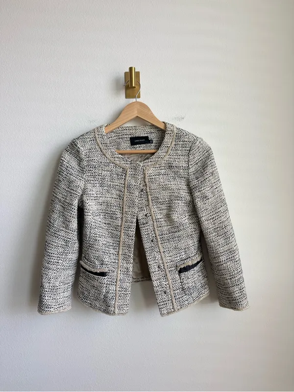 Karen Millen Women's Cropped Tweed Blazer Jacket Black Tan Size 4 - Image 3