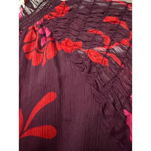 Ann Taylor Plum Red Floral Smocked Mock Neck Blouse Sheer Long‎ Sleeve NWT S - Image 6