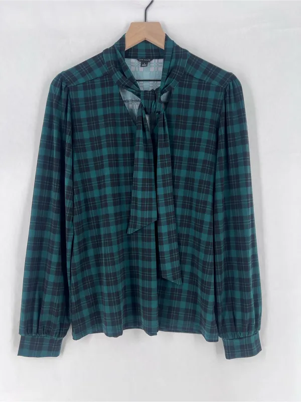 Ann Taylor Stretch Jersey Knit Green Black Plaid Tie-Neck Blouse Size S‎ - Image 2
