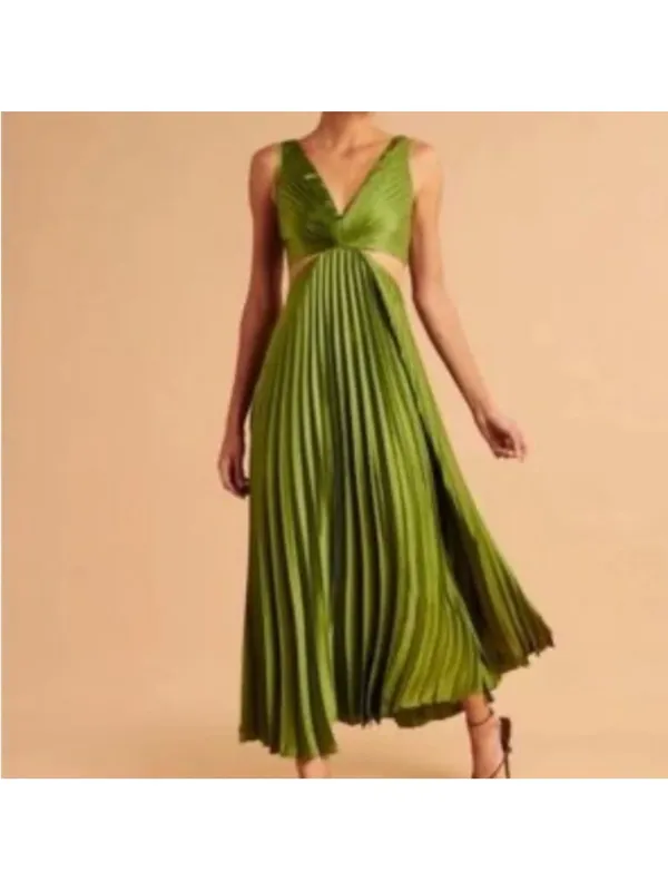 Sincerely Jules Olive Green Satin Pleated Cutout Maxi Dress Size Small - Image 4