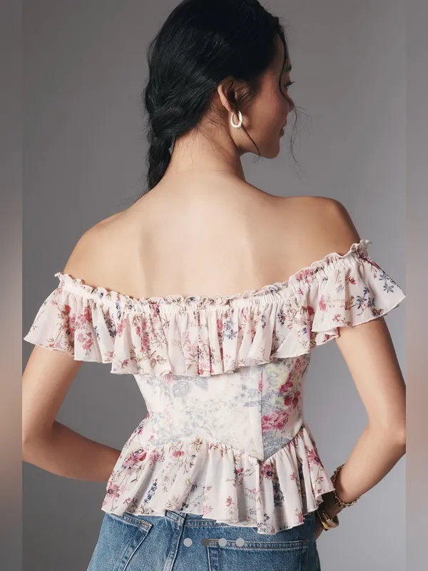 Anthropologie Floral Off-Shoulder Ruffle Crop Top - Pink & Cream - Image 2