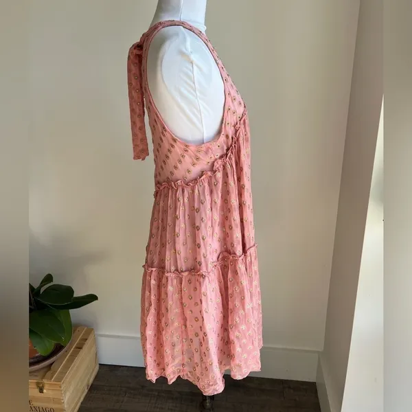 Free People Sophia Tiered Slip Dress Open Back Pink Gold Polka Dots Women's XS - Image 3