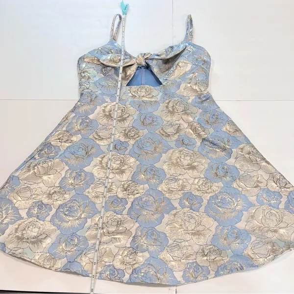 NWT Lulus‎ Quick to Love Blue Floral Jacquard Tie Front Pockets Dress LARGE - Image 9