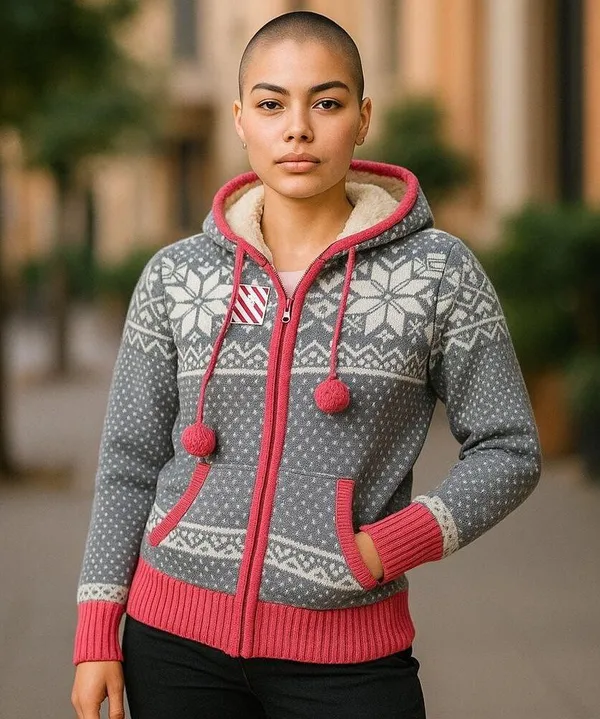 Between Me & You Womens Cardigan Size XS Fair Isle Pink Gray Cream Zip Front NEW - Image 2