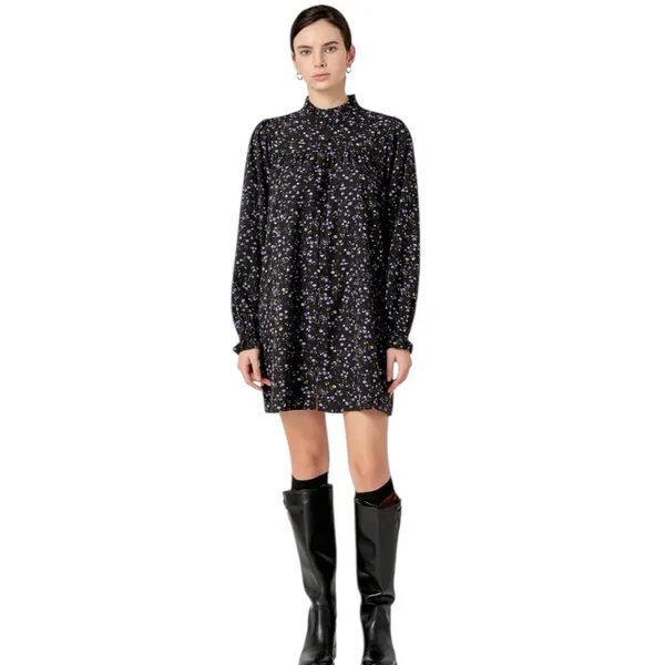 English Factory Floral Button Detail Mini Dress Black Size S - Image 2