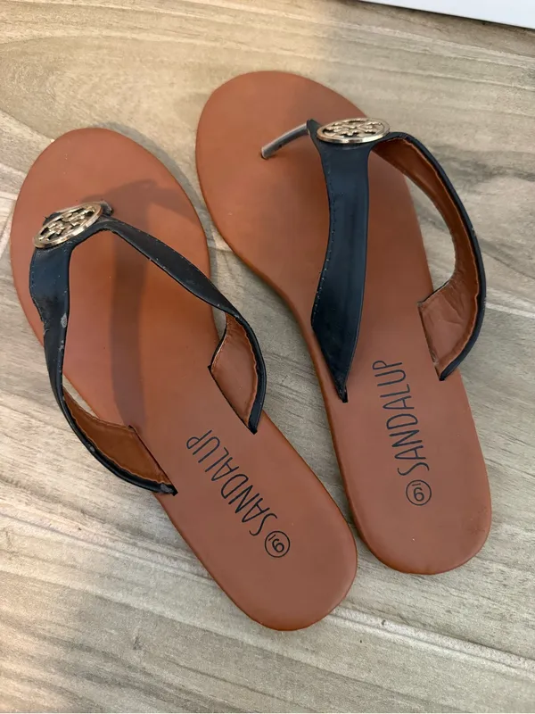 Sandalup Women's Black and Brown Thong Sandals with Gold Medallion - Image 2