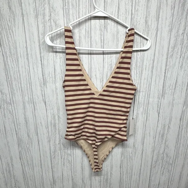Babaton Beige/Brown Striped V-Neck Sleeveless Bodysuit One Piece Size S - Image 4