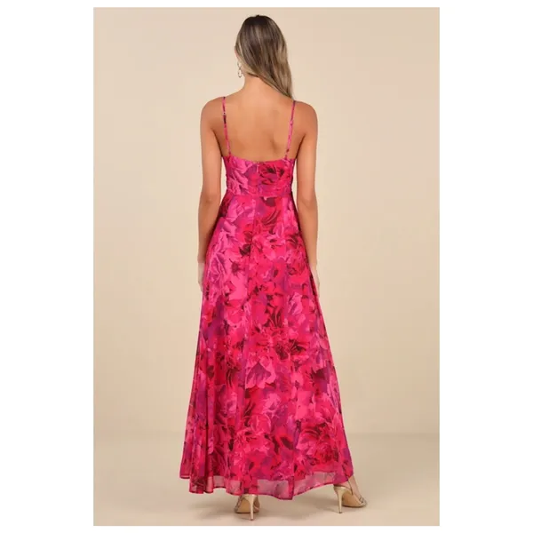 NWT Lulus Beautiful Soul Fuchsia Floral Twist-Front Maxi Dress Cruise Size S - Image 4