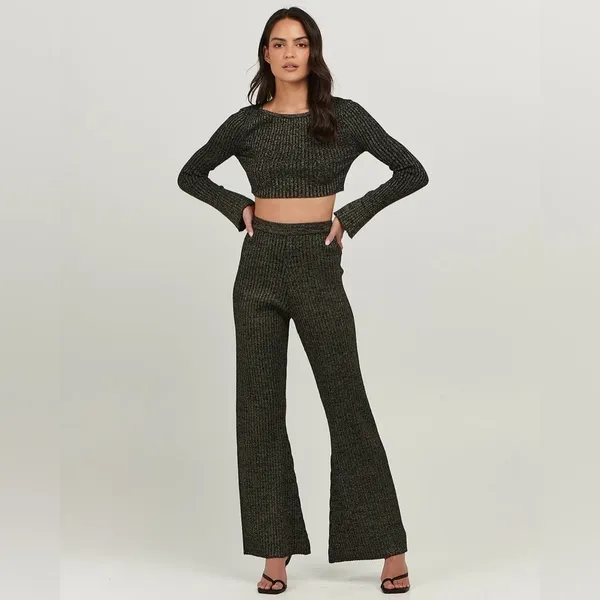 Charlie Holiday Kiara Black Lurex Rib Knit Sweater Long Sleeve Crop Top - Image 5