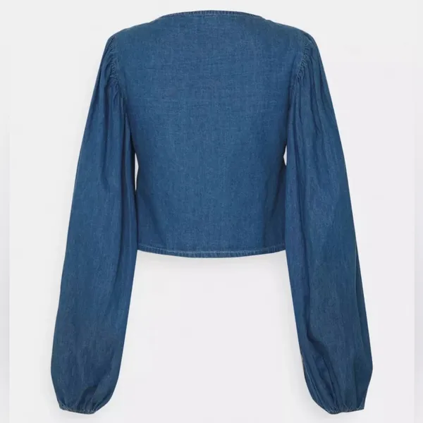 Missguided Tie Front Square Neck Volume Sleeve Denim Crop Top‎ Deep Blue Size 6 - Image 4