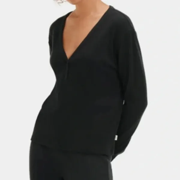 UGG Size Medium Black Ribbed Three Button Long Sleeve Top. New With Tags. - Image 3