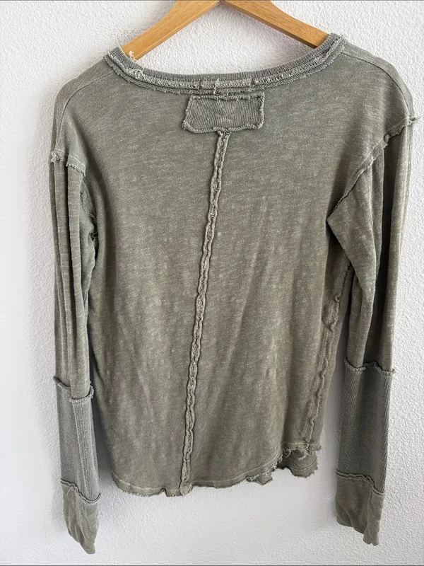 Free People We The Free Olive Henley Long Sleeve Top with Distressed Trim Medium - Image 2
