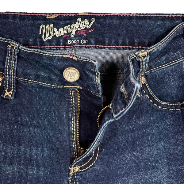 Wrangler SZ 9/10 Bootcut Jeans Mid-Rise Stretch Zip-Fly Whiskered Dark Wash Blue - Image 3