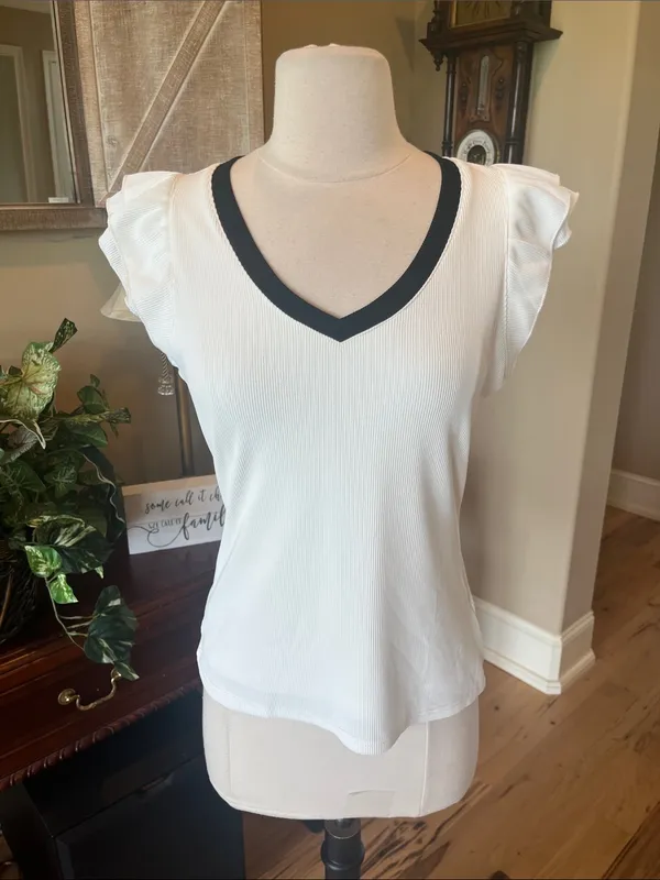 Women's off White V-Neck Ruffle Sleeve Top with Black Trim - Image 4