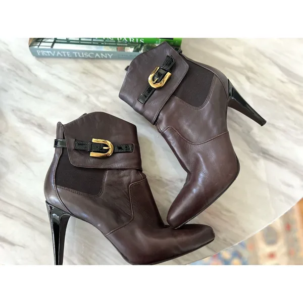 Via Spiga Chocolate Brown Leather Gold Buckle Point Toe Stiletto Boot - Image 3