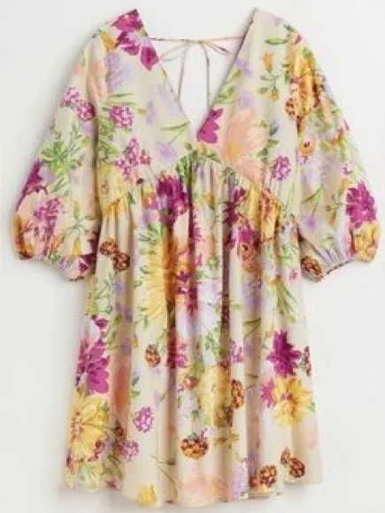 H&M XL Floral Babydoll Mini Dress Puff Sleeve V Neck Tie Back Cottagecore Pretty - Image 5