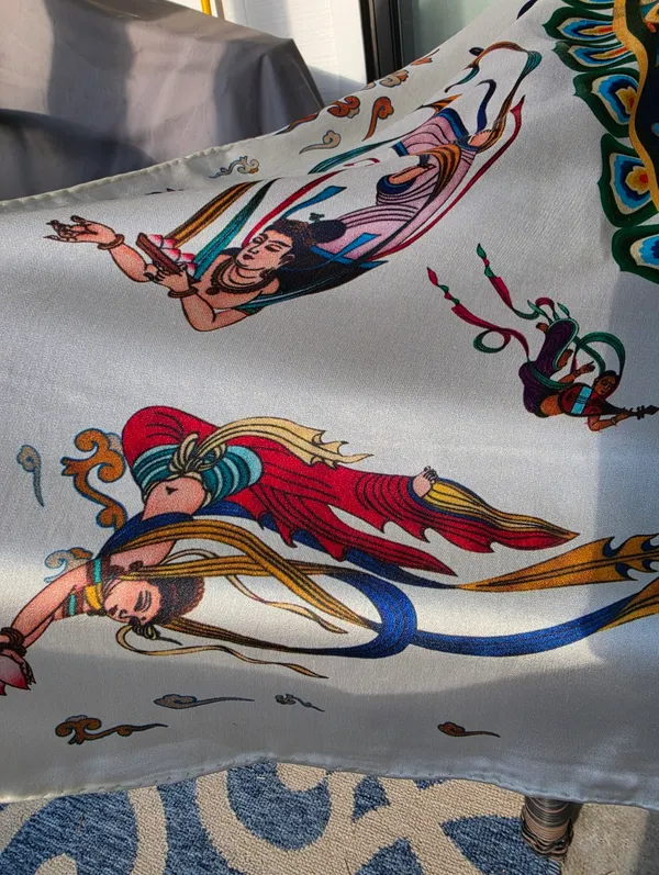 Vintage 100% Silk Scarf Hand Rolled Hem. DunHuang Art 43x41" - Image 5