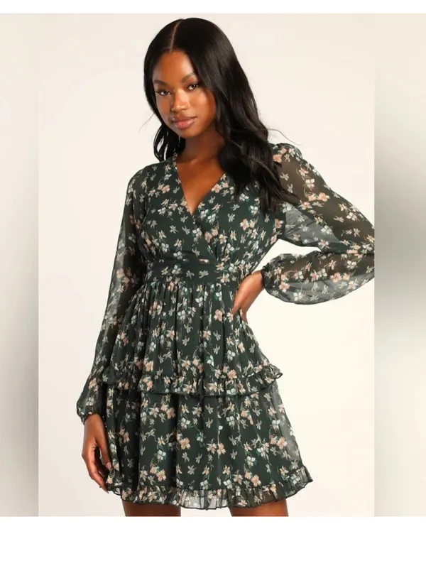 Lulu's Dark Cottagecore Green Floral Print Long Sheer Sleeves Mini Dress Medium - Image 11