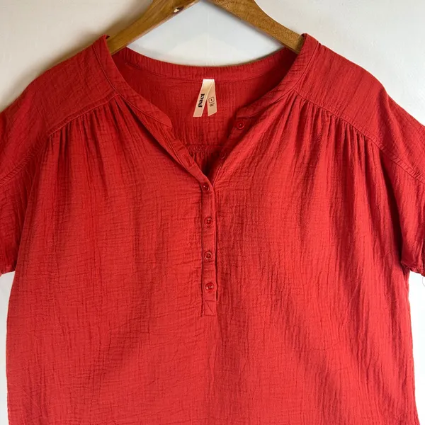 Pact Organic Cotton Gauze Henley Top Red Short Sleeve Relaxed Fit Small - Image 6