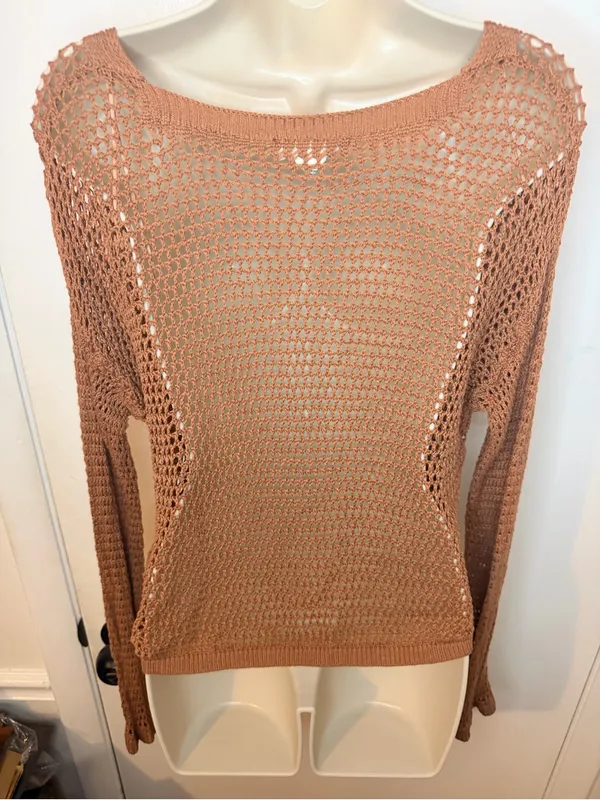 Happily Grey Open Knit Sweater Dusty Rose Mesh Crochet Size L Long Sleeve - Image 10