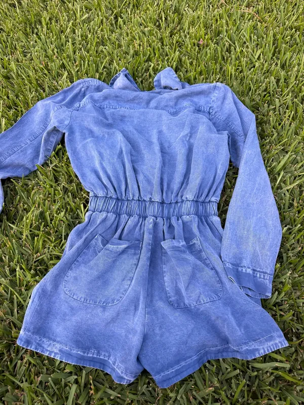 Blue Chambray Button Front Collared Romper Elastic Waist Size S - Image 5