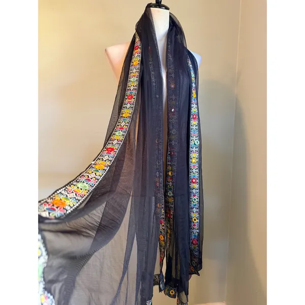Black Mesh Dupatta Scarf MultiColor Floral Embroidery Mirror Work boho whimsigot - Image 2
