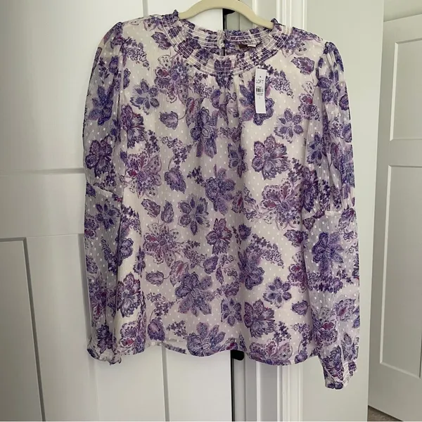NWT LOFT Floral Smocked Puff‎ Sleeve Ruffle Blue White Blouse - Image 2