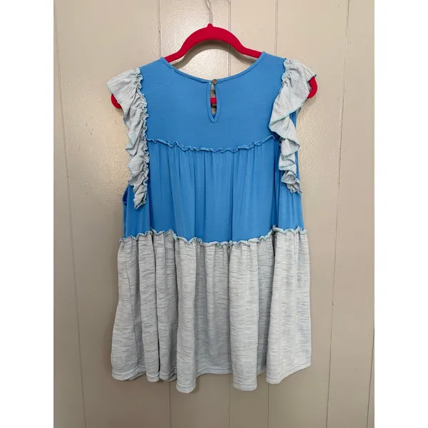POL Blue Mixed Media Tiered Ruffle Sleeveless Oversized Boho Tunic Top M - Image 5