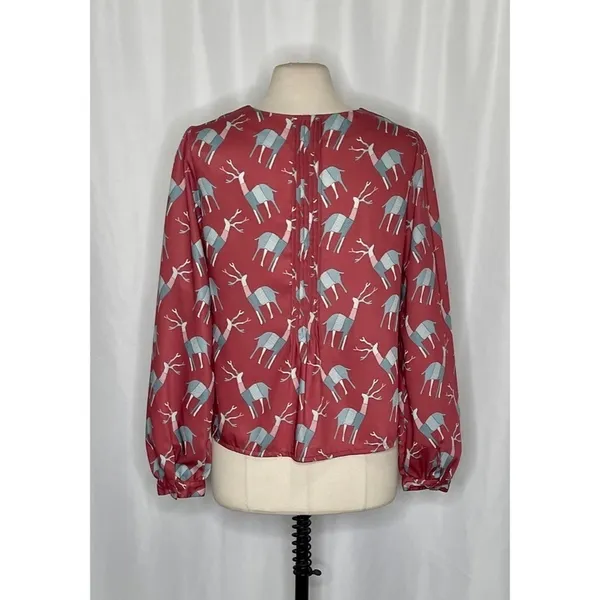 Anthropologie GEISHA DESIGNS Reindeer Deer Print Pleated‎ Top Blouse Medium - Image 7
