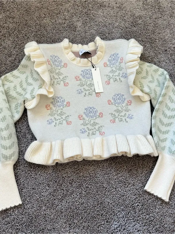 Cream Floral Knit Skirt Set with Ruffle Details - Image 5