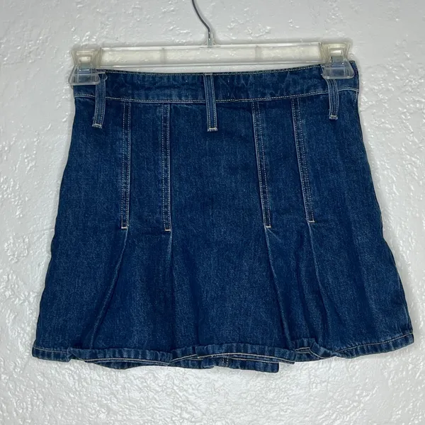 Zara Womens Blue Denim Pleated Mini Skirt Dark Wash Size XS 24 - Image 2