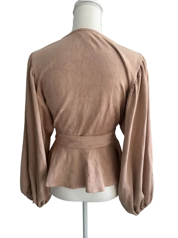 VICI Beige Button Down Faux Suede Belted Long Sleeve Top Sz Large - Image 2