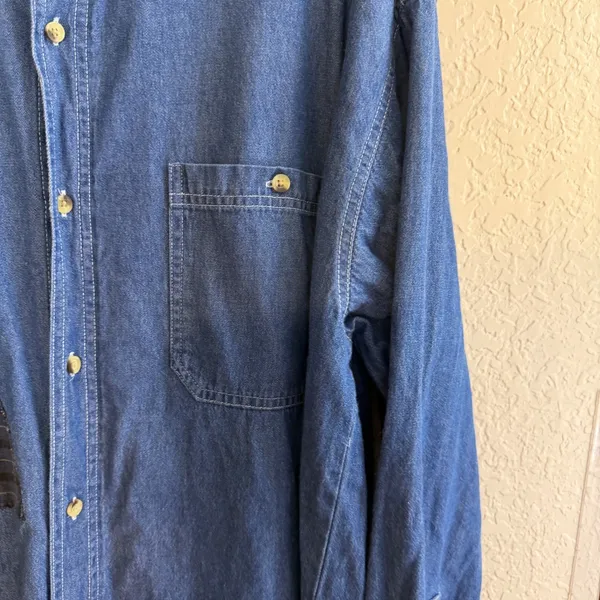 Luna Pier Button Up Denim XL Blue Scarecrow Patchwork Blue Shirt Novelty Fall - Image 4