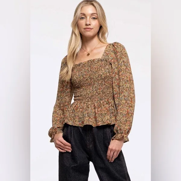 Papaya Floral Top Cross Back Ruffle Square Neck Smocked Medium - Image 3