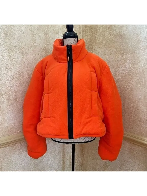 FP MOVEMENT Free People Neon Orange Puffer Fleece Jacket Cropped Insulated Sz L - Image 5