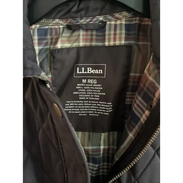 LL Bean Diamond Quilted Full Zip‎ Vest MED Black Plaid Lined Cord Collar - Image 3