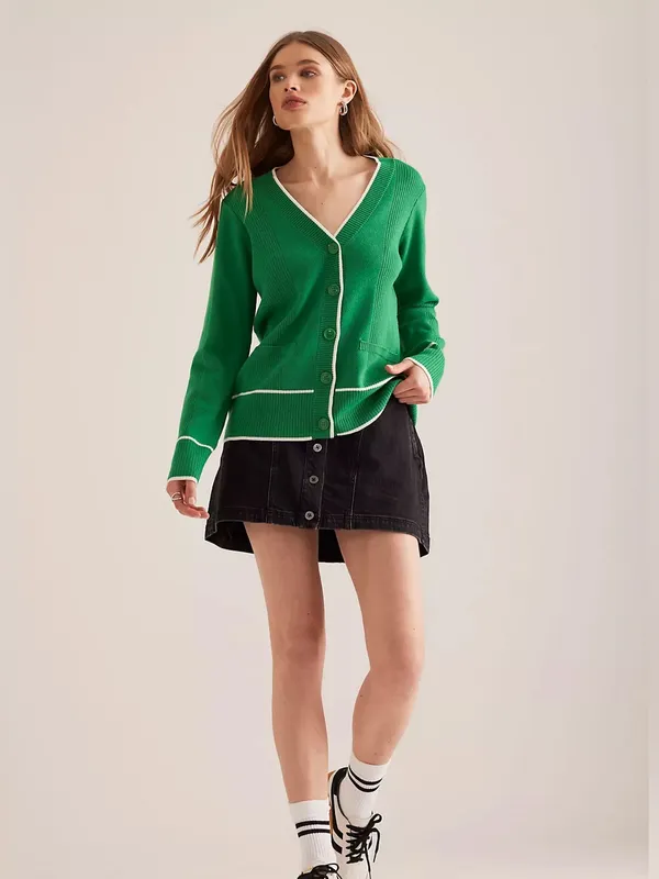 Maeve Anthropologie Green Ribbed V-Neck Cardigan NWT Medium Preppy Contrast Trim - Image 7
