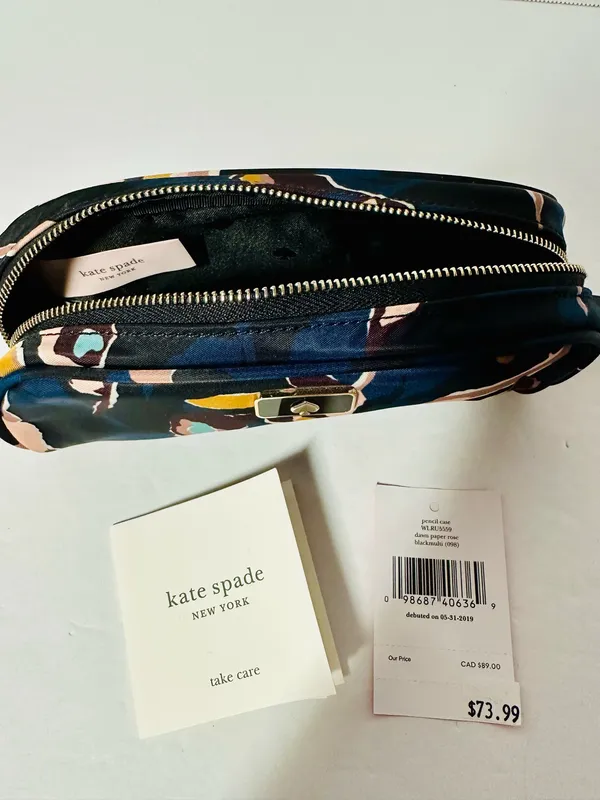 Kate Spade Pencil/Makeup/Change Bag Navy BLK Beige Abstract Flowers NWT - Image 6
