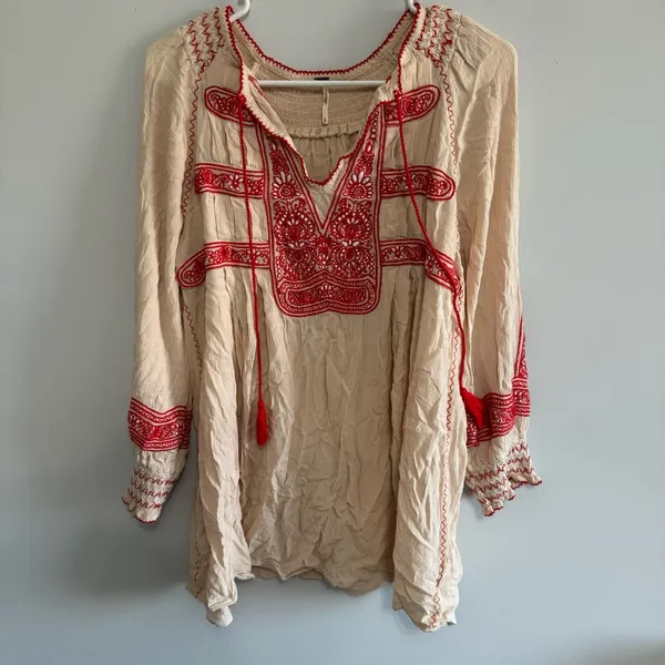 Free People Wind Willow Mini Dress Cream and Red Embroidered - Image 2