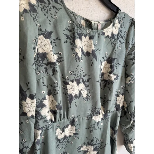 NWT Free People Sage Green White Floral Long Sleeve A-Line Mini Dress Womens 4 - Image 2