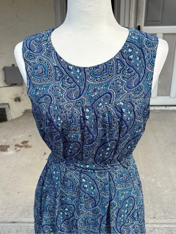 GAP Blue Paisley Shirred Swing Dress Tie Waist Pockets Size M - Image 6