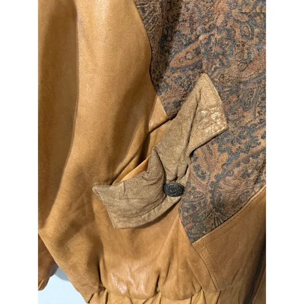 Vintage 80s Otello Pelle Leather Bomber Jacket L Patchwork Paisley Metallic Gold - Image 8