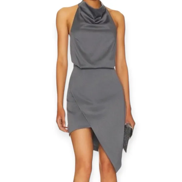 NWOT Elliatt Camo Blouson Halter Dress Sz Large Charcoal Gray Asymmetrical Satin - Image 2