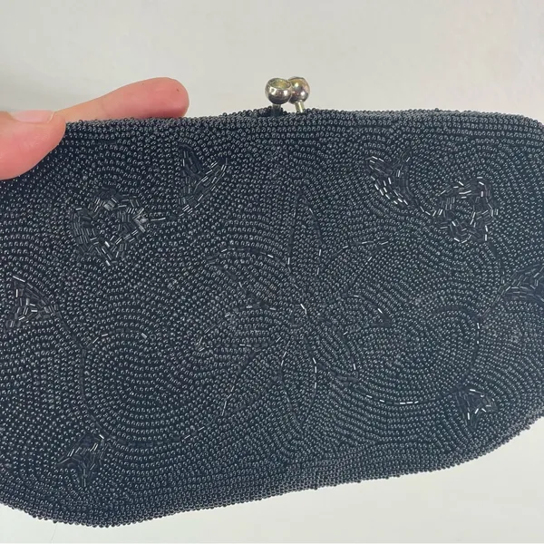 Vtg Beaded Blk Evening Bag Clutch Purse Kiss Lock Hand Made Gypsy Goth Whimsical - Image 5